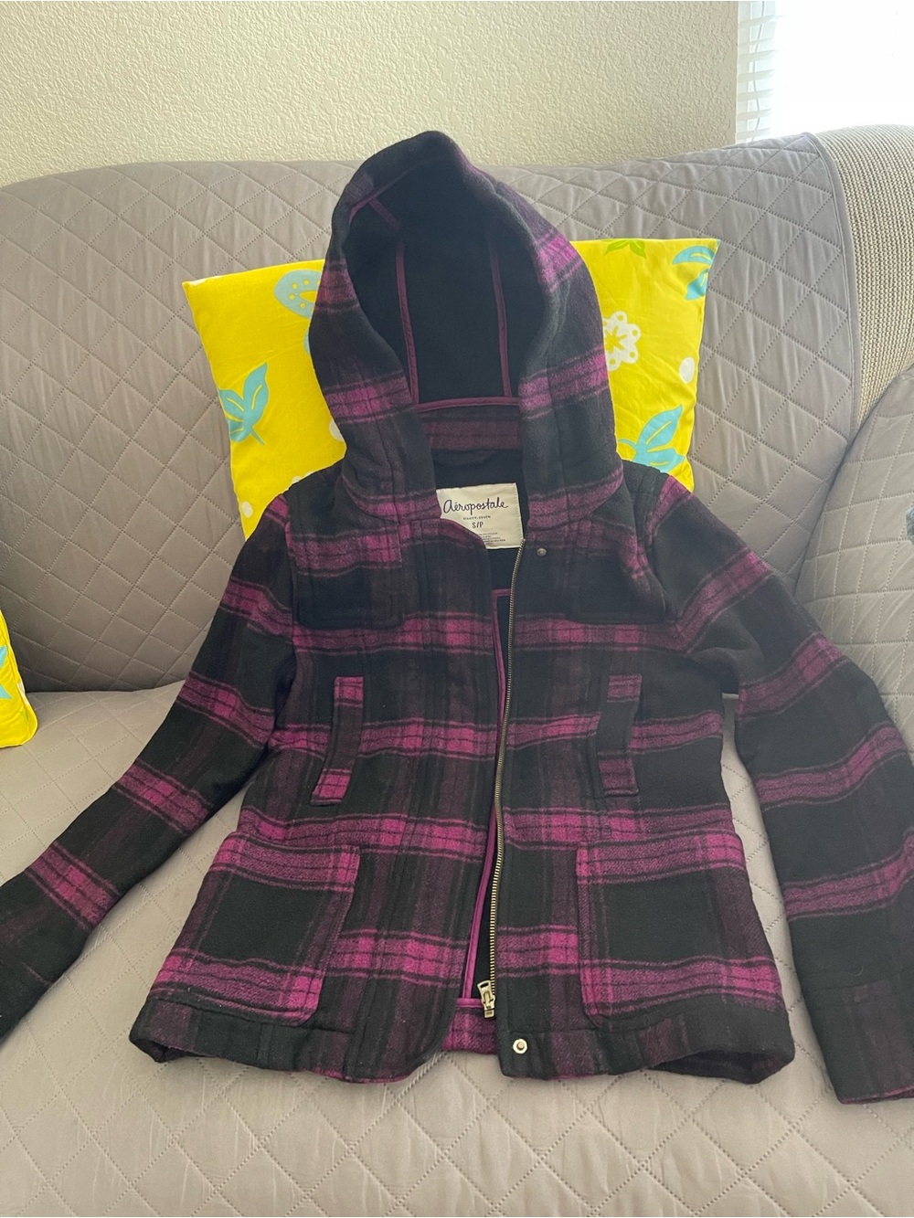 Aeropostale Black & Purple Plaid Hooded Pea Coat Slightly Used Size S/P
